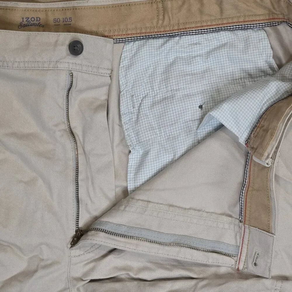 IZOD Shorts Men 50 Beige Flat Front Saltwater The Washed Chino Short 10.5 Inseam